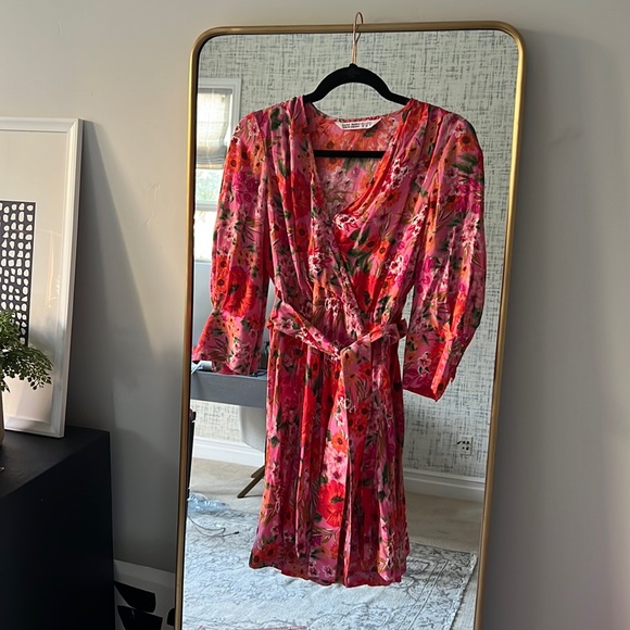 Zara Dresses Zara Pink And Orange Floral Long Sleeve Mini Wrap